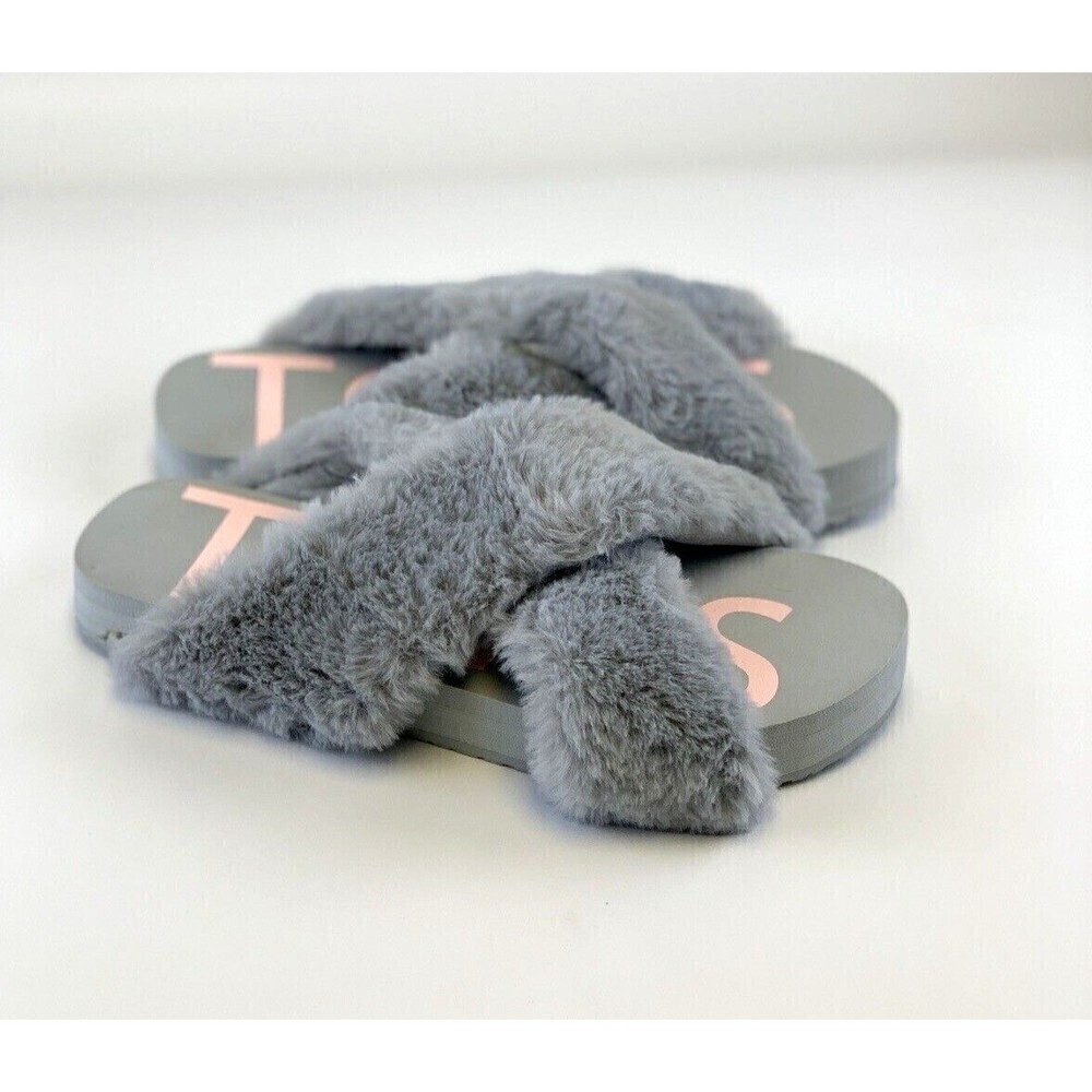 TOMS Susie Faux Fur Crisscross Slide Slippers Grey Cozy Lounge Womens 8 10016798